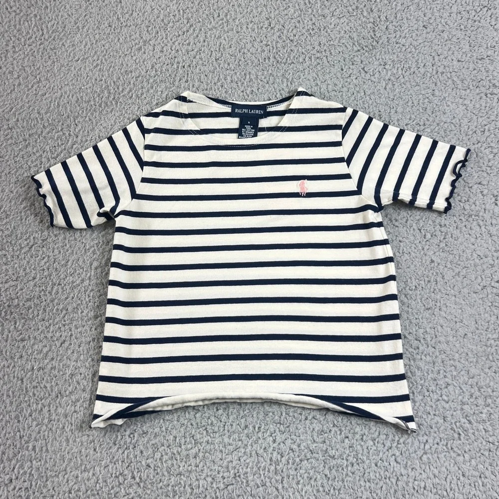 Ralph Lauren T-Shirt Girls 5 White Navy Striped Short Sleeve Lettuce Trim Pony